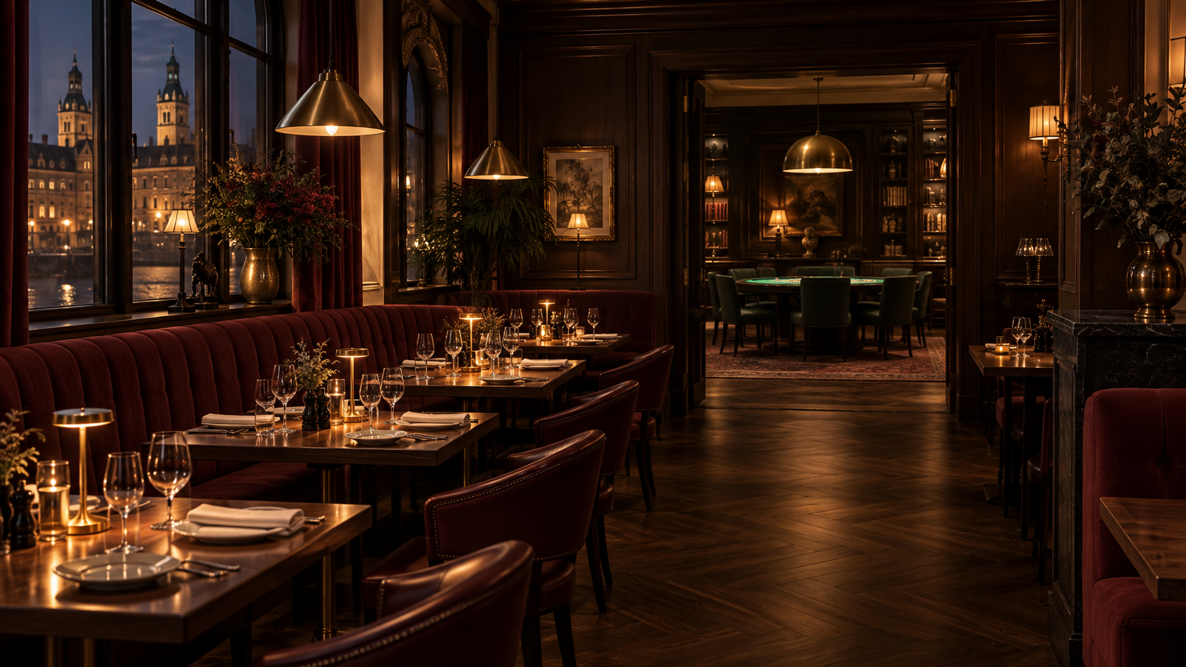 Wnętrze restauracji Smak Poznania o zmroku
